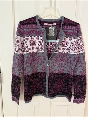 Obermeyer Gray, Purple & White Fair Isle Merino Cardigan NWT